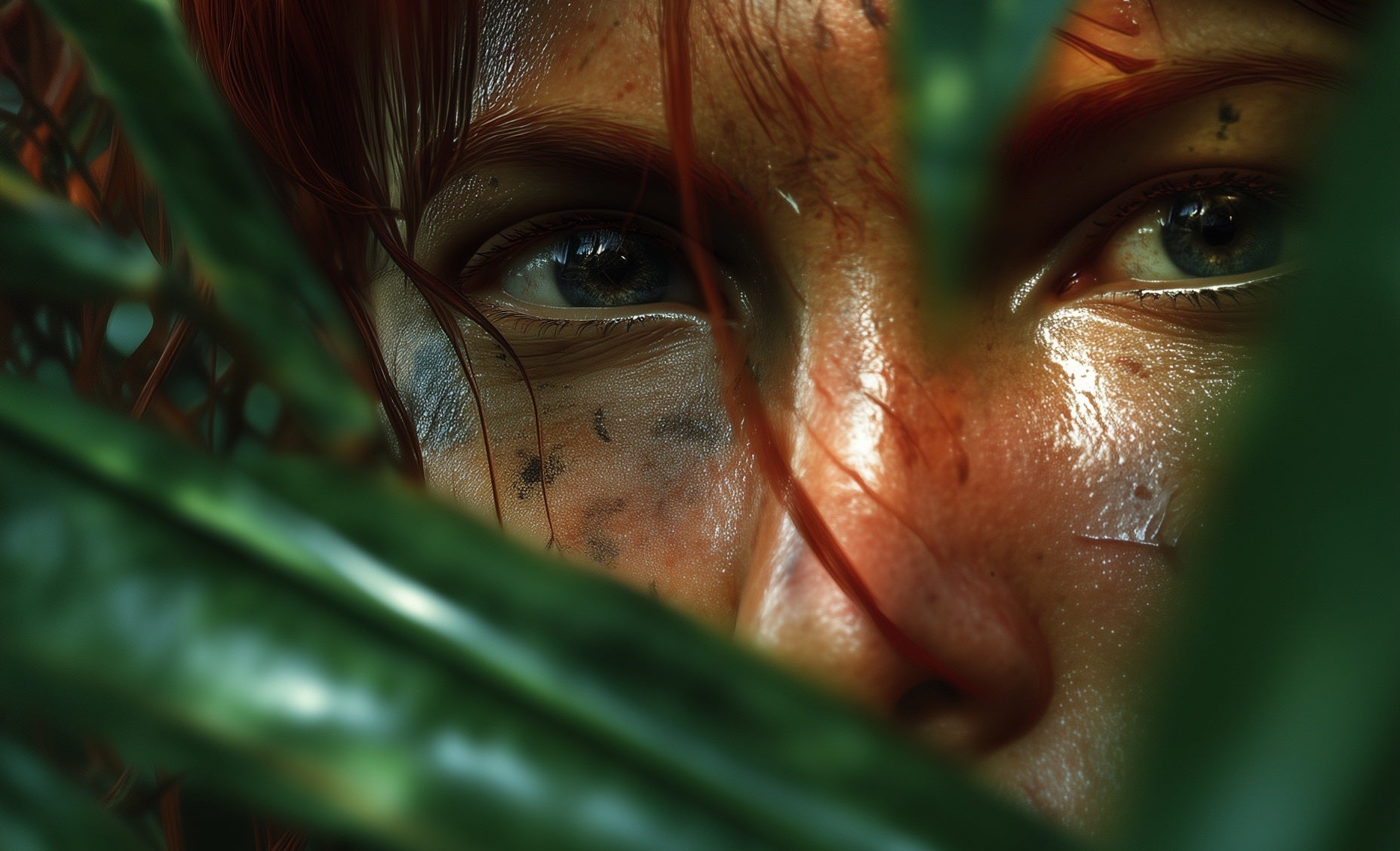 Close-up of a person's face with green leaves in the foreground