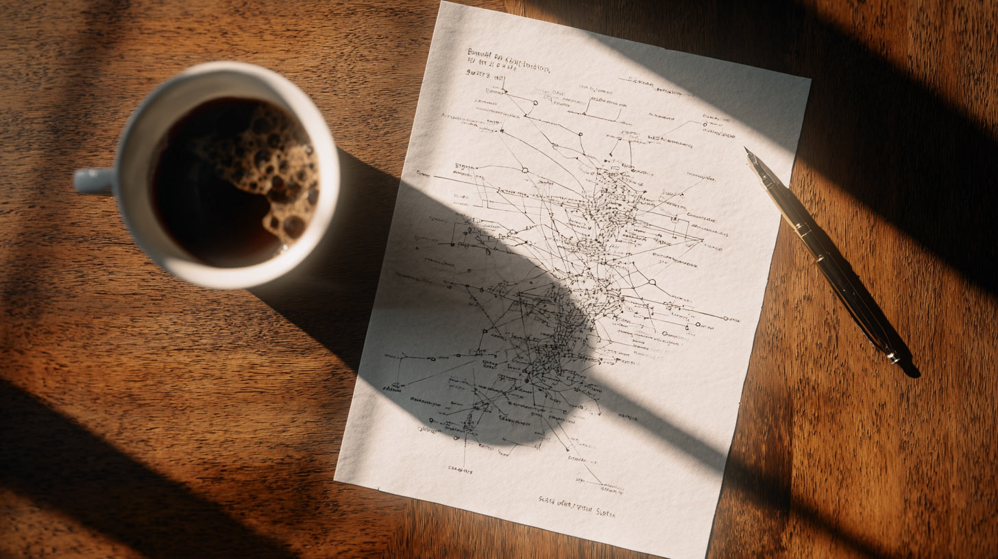 Cup of coffee, star map, and pen on a wooden table
